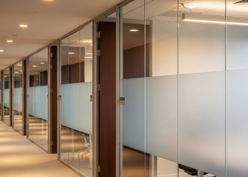 Frosted glass branding on office partition in Dubai with safety manifestation and privacy bands