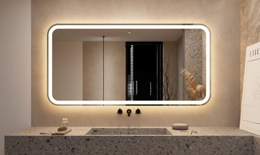 Backlit vanity mirror over sink for LED mirror supply and installation across UAE homes and hotels, showing soft halo glow and styling.