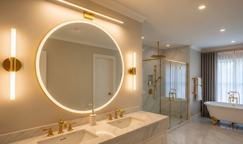 Modern vanity décor for 3-color LED mirror modes and dimming control, showcasing high-CRI grooming light in upscale Dubai bathrooms.
